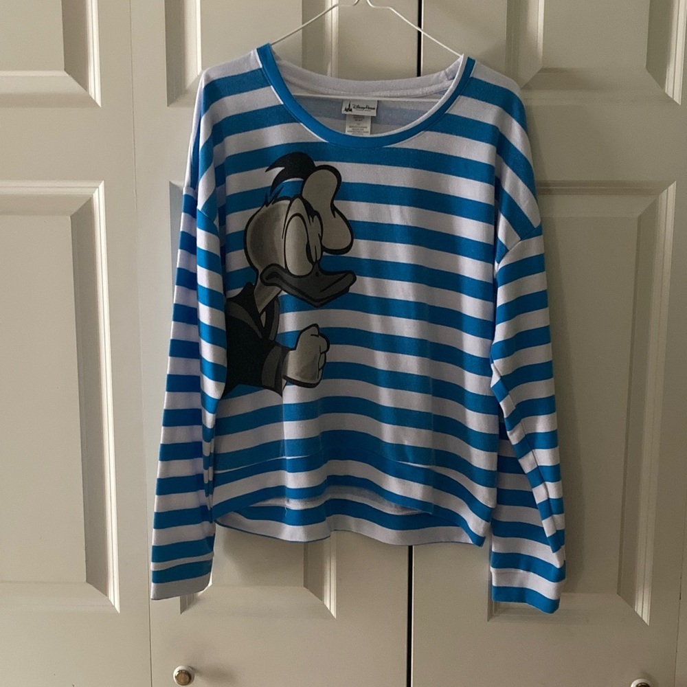 Disney Parks women’s XL pullover blue white striped angry Donald Duck